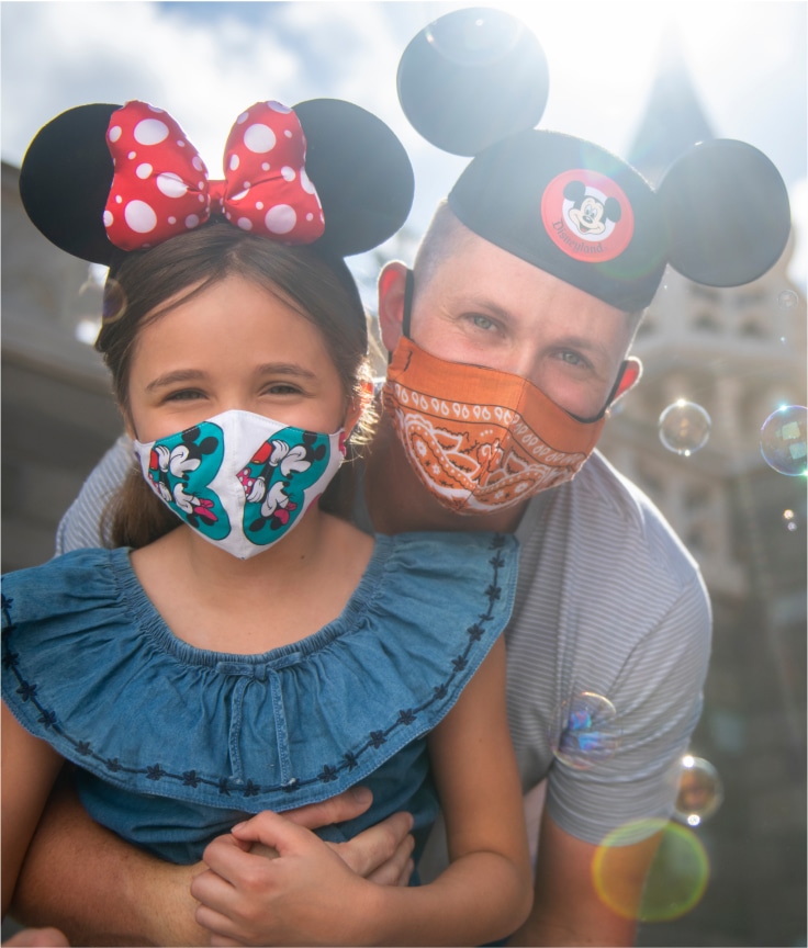 Dad and Daughter Wearing Masks and Disney Ear Hats