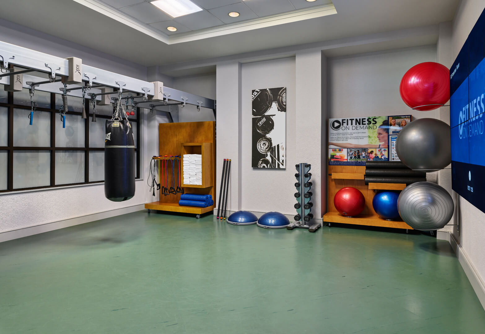 A clean, modern gym room with a punching bag, resistance bands, weights, exercise mats, balance balls, and a large wall-mounted TV displaying Fitness on Demand. The space has bright lighting and minimal decor.