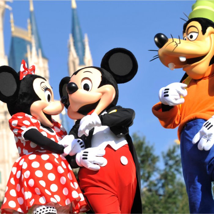 Mickey, Minnie and Goofy in Front of Cinderella Castle