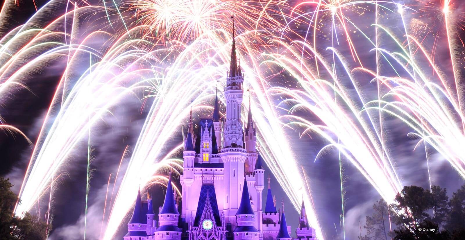 Cinderella Castle at night, illuminated in purple, with vibrant fireworks bursting and streaking across the sky above it. Trees frame the scene and the castle clock is visible.