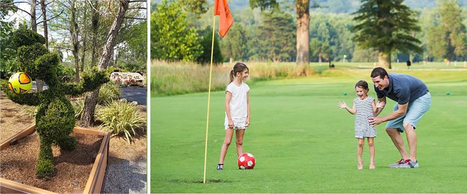 On the left, a topiary shaped like a person kicks a soccer ball. On the right, a man and two young girls stand on a grassy field near a flag and a soccer ball, appearing to play or practice soccer.