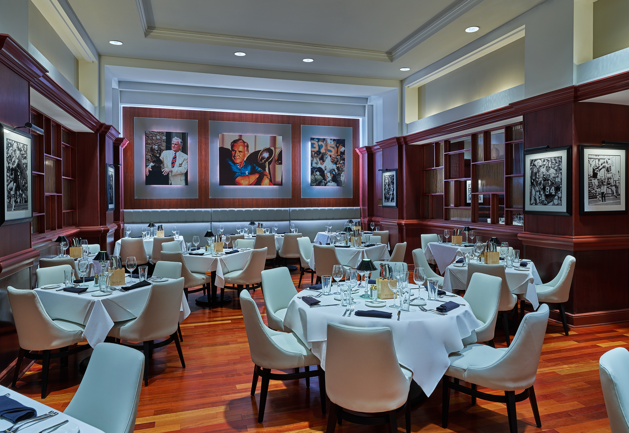 Shula's Steak House Dining Room with Set Tables, Chairs and Memorabilia