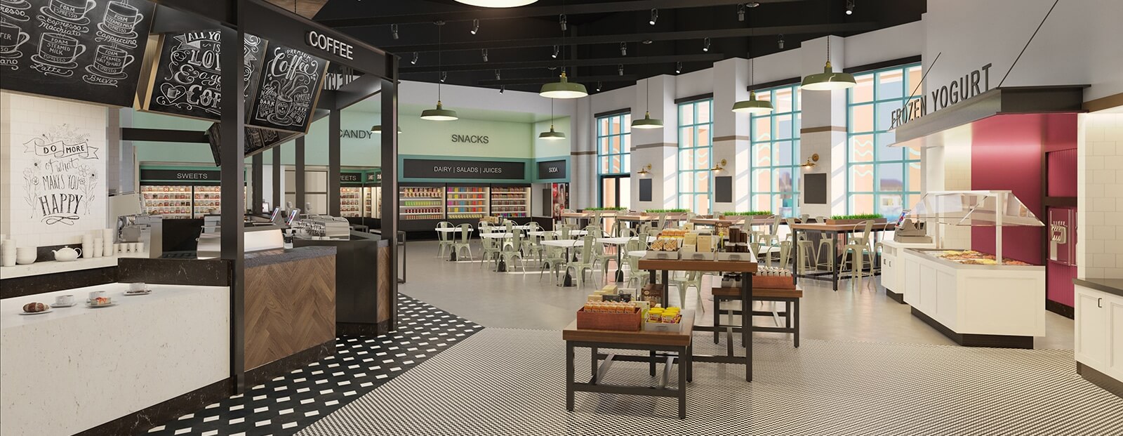 Spacious modern cafeteria with large windows, a coffee bar, snack and yogurt stations, self-serve drink and food counters, and tables and chairs for seating. The area is bright with natural light.