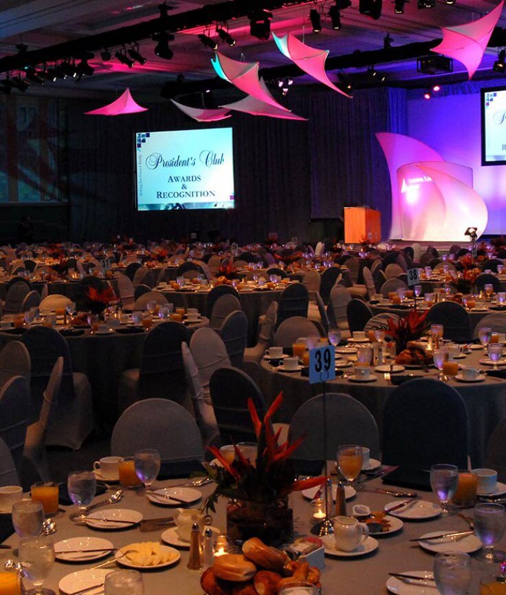 Banquet Set-Up with Tables, Chairs and Large Screens