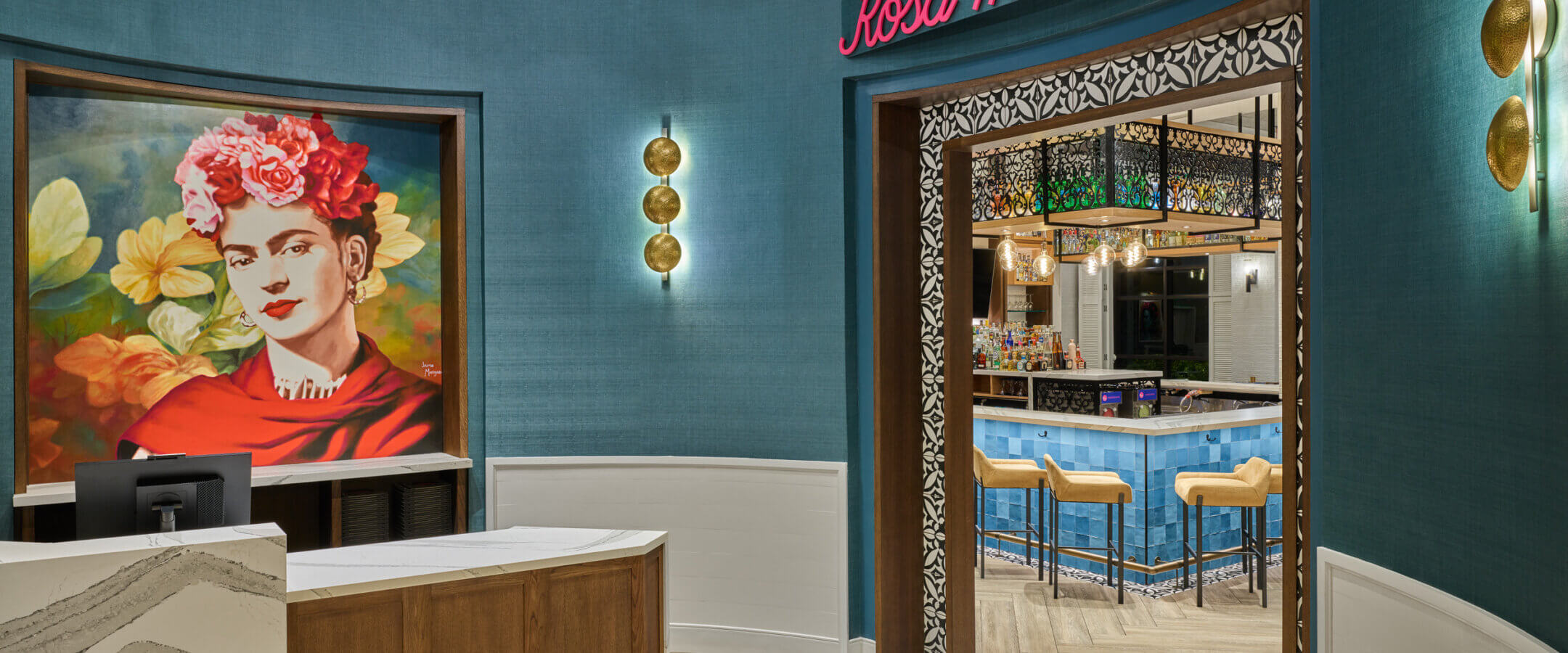 A bar with a sign and a bar.