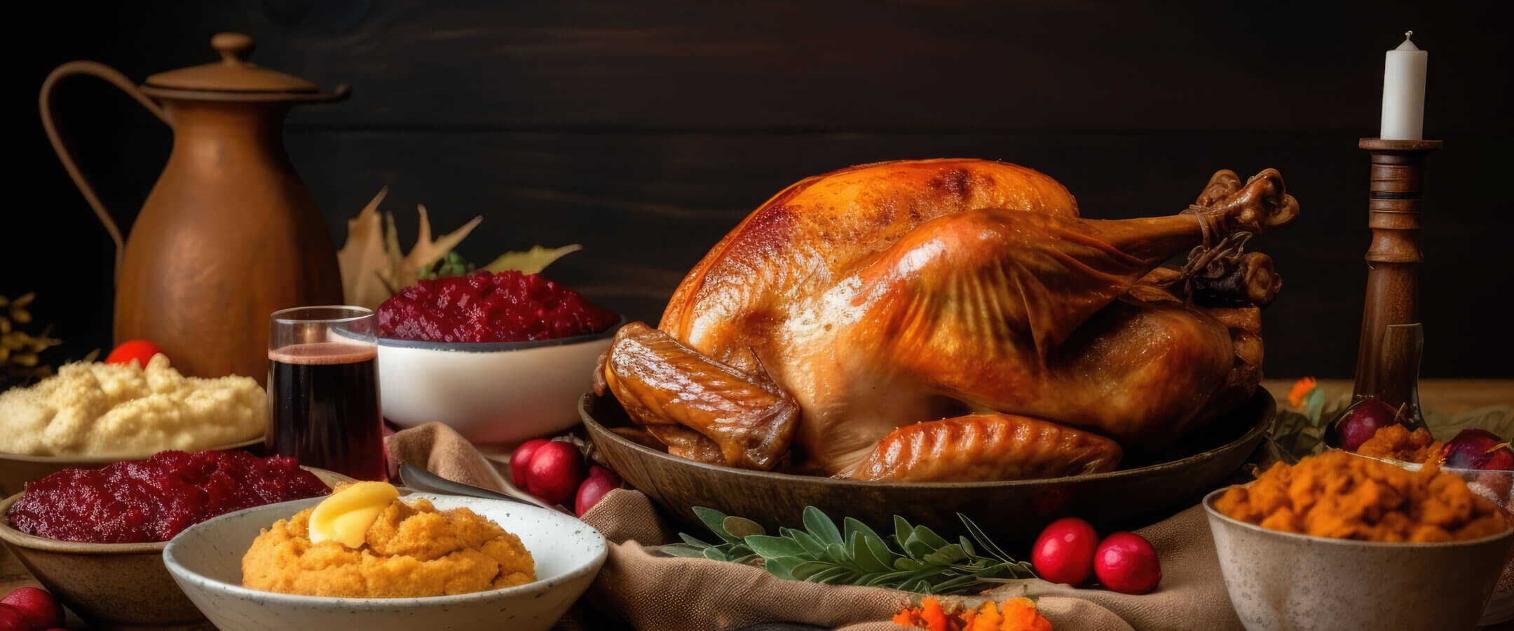 A roasted turkey is served on a platter, surrounded by bowls of mashed potatoes, cranberry sauce, sweet potatoes, and other side dishes on a rustic wooden table, with a candle and jug in the background.
