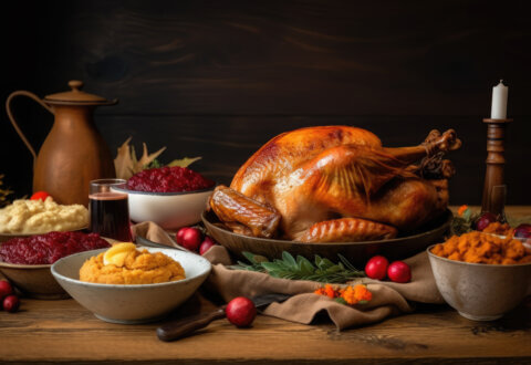 A roasted turkey is served on a platter, surrounded by bowls of mashed potatoes, cranberry sauce, sweet potatoes, and other side dishes on a rustic wooden table, with a candle and jug in the background.