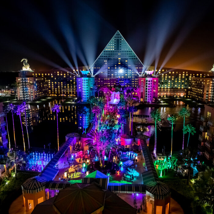 Overhead view of the Dolphin with beautiful lighting on the causeway.