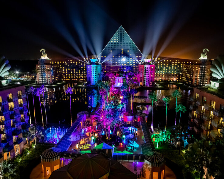 Overhead view of the Dolphin with beautiful lighting on the causeway.