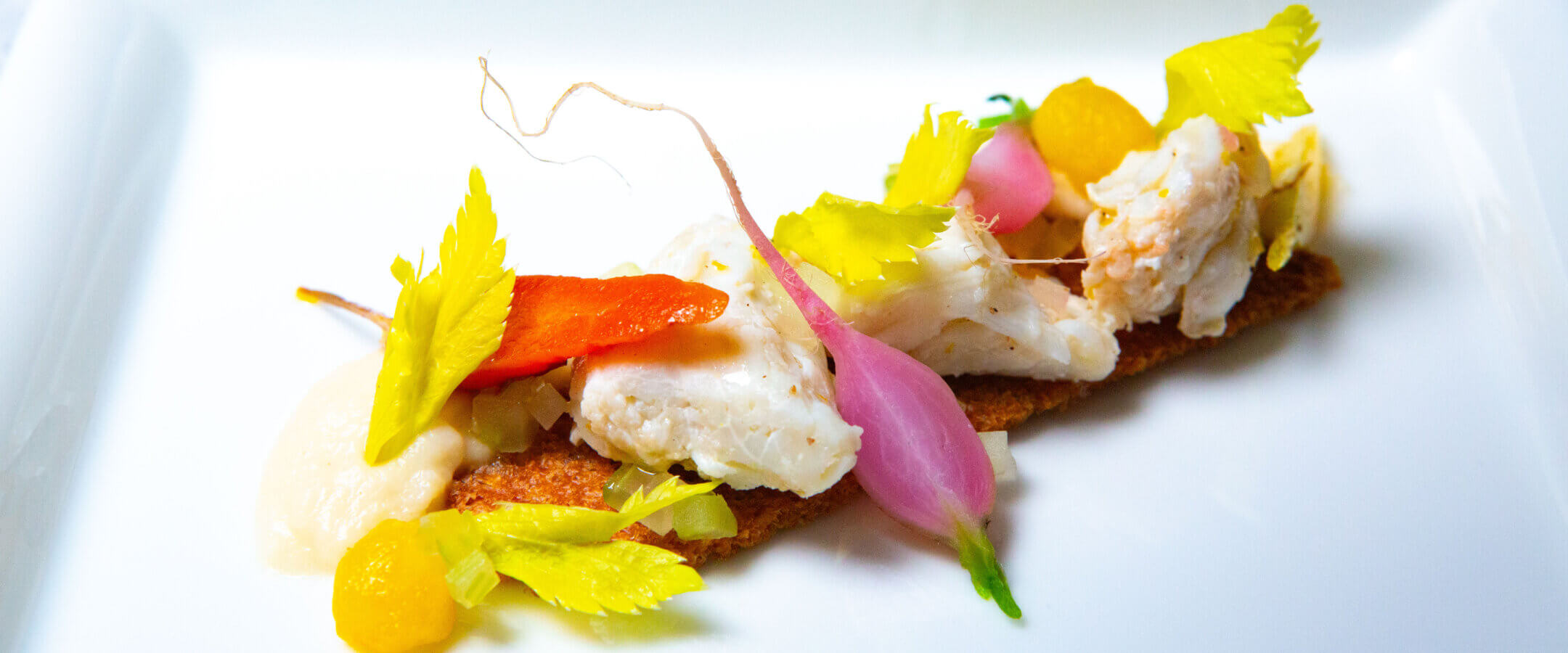 A close-up of an elegant appetizer with crab meat, pickled onions, yellow sauce dots, celery leaves, and a crispy base, artfully arranged on a white plate.