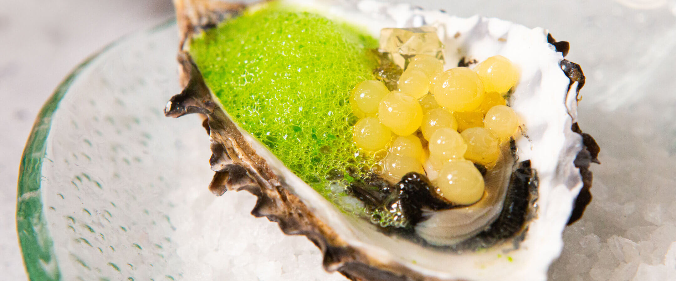 A close-up of a half oyster shell on a bed of coarse salt, topped with green foam, yellow pearls, and a translucent cube, served on a clear glass dish.