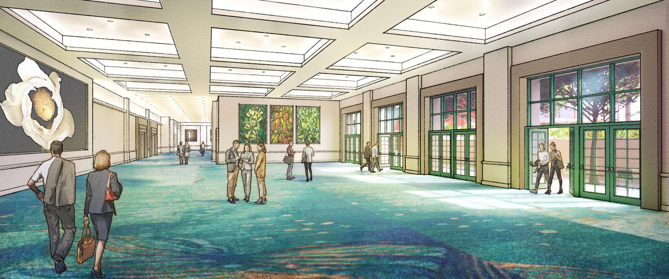 Rendering of a spacious, modern convention center hallway with blue patterned carpet, large windows, colorful wall art, and several people walking or conversing in small groups.