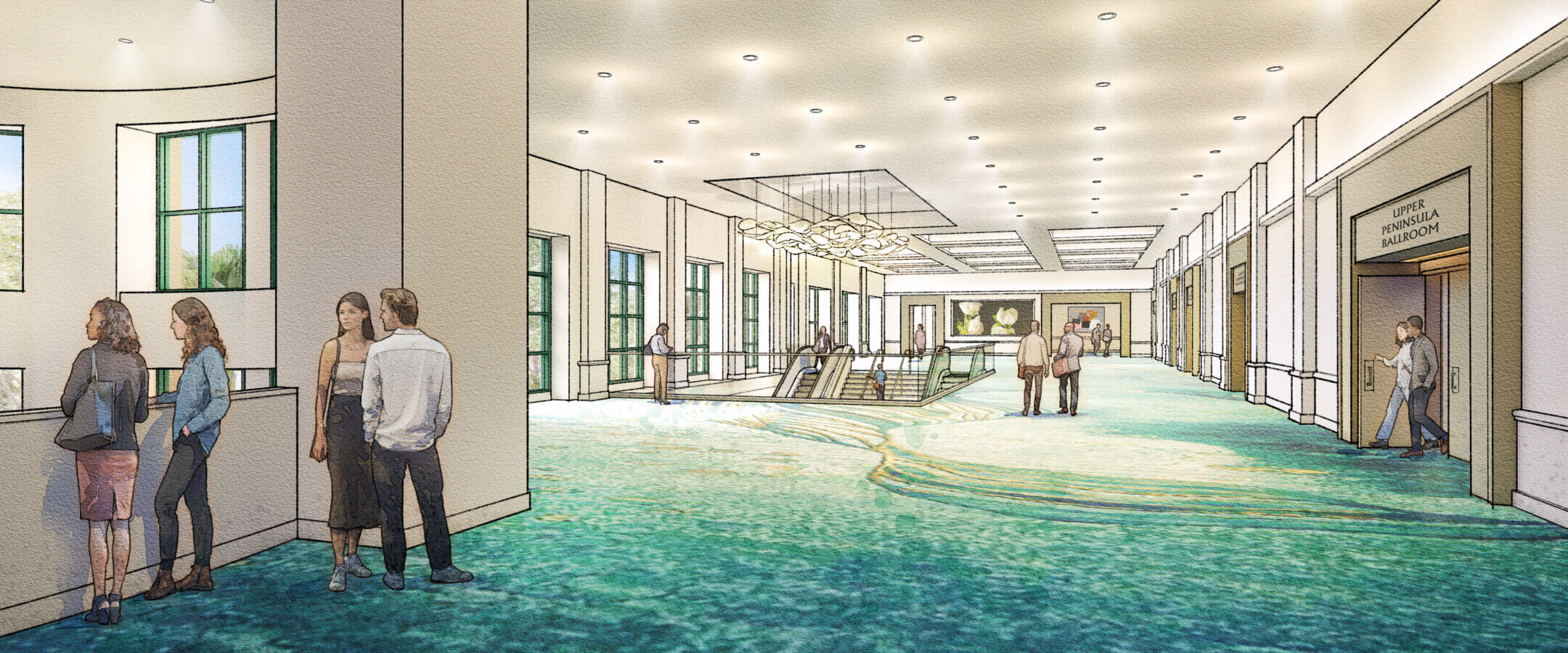 A spacious, well-lit convention center hallway with blue-green carpeting, large windows, and groups of people standing and talking near a check-in area and escalators.