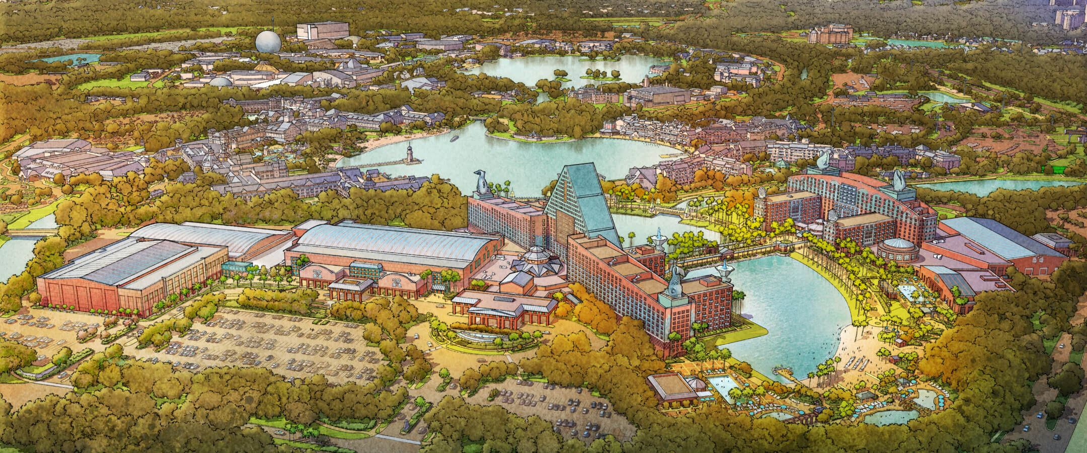 A colorful aerial illustration shows a large resort complex with modern buildings, swimming pools, and parking lots, surrounded by lakes, wooded areas, and other resort structures in a lush landscape.