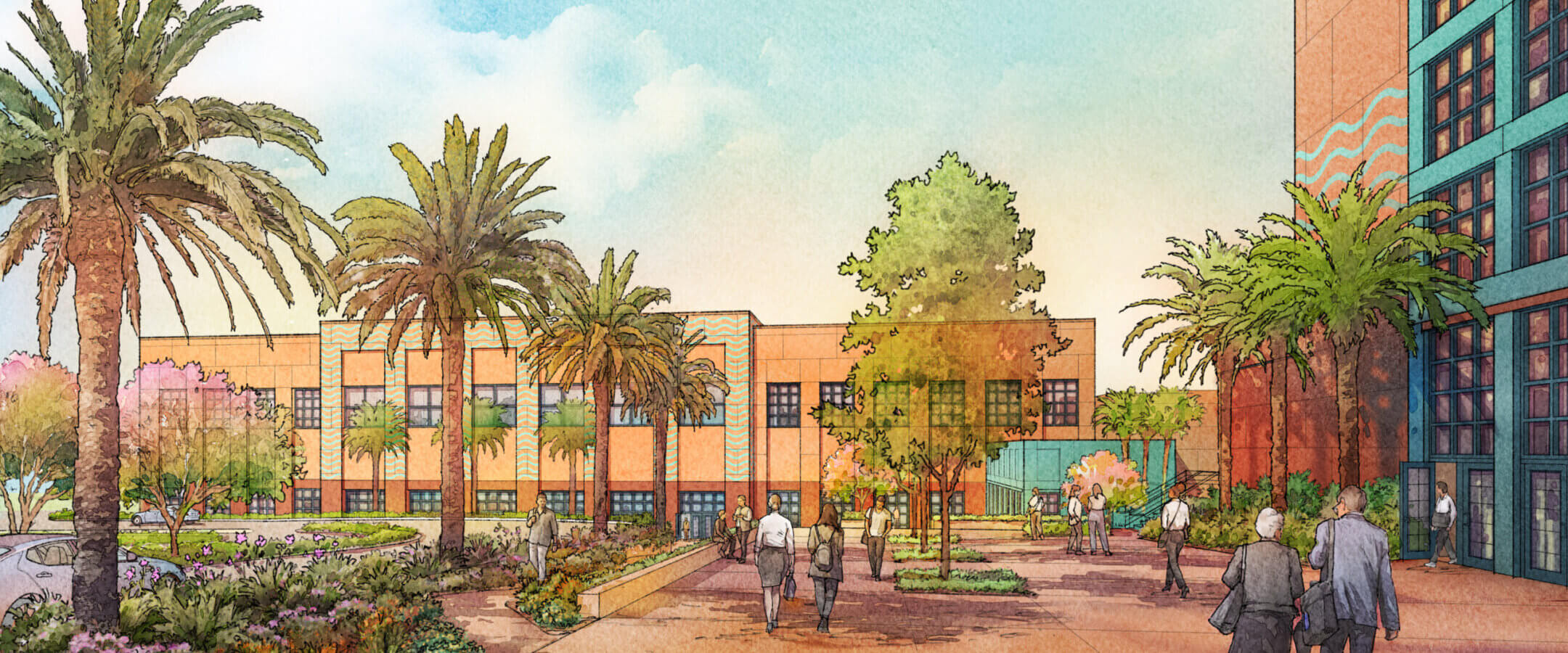Illustration of people walking through a sunlit courtyard with palm trees, colorful landscaping, and modern buildings featuring large windows and geometric designs in the background.