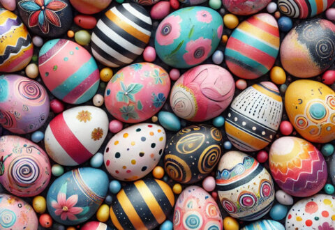 A collection of colorful, intricately painted Easter eggs with various patterns, including stripes, dots, flowers, and swirls, arranged closely together.