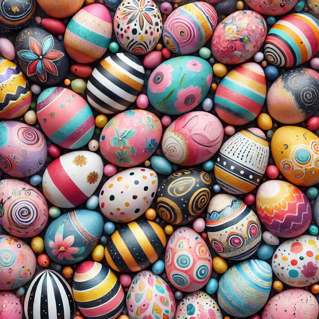 A collection of colorful, intricately painted Easter eggs with various patterns, including stripes, dots, flowers, and swirls, arranged closely together.
