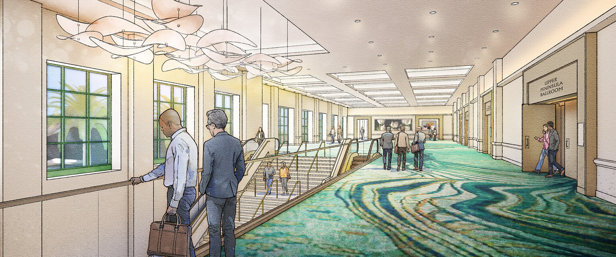 A bright, modern hallway with large windows, a blue-green patterned carpet, and abstract ceiling lights. Several people in business attire walk or stand, with one person looking outside and another holding a briefcase.