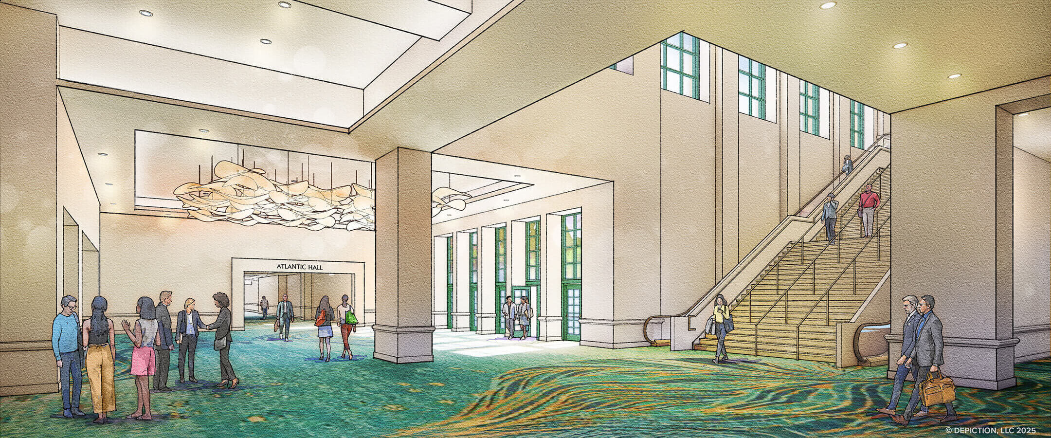 Spacious convention center lobby with groups of people talking, green patterned carpet, large staircase, tall windows, and modern ceiling lights near the entrance to Atlantic Hall.