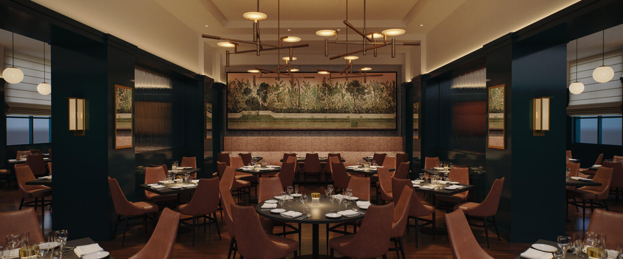 A warmly lit, elegant restaurant dining room with round tables, brown chairs, set dinnerware, and a large nature mural on the far wall. Modern ceiling lamps and dark wood floors create a cozy, upscale atmosphere.