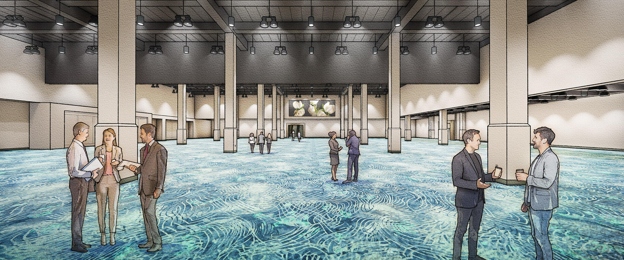 A spacious, modern convention center hall with high ceilings, large columns, patterned blue carpet, and groups of people in business attire talking in small clusters around the open room.