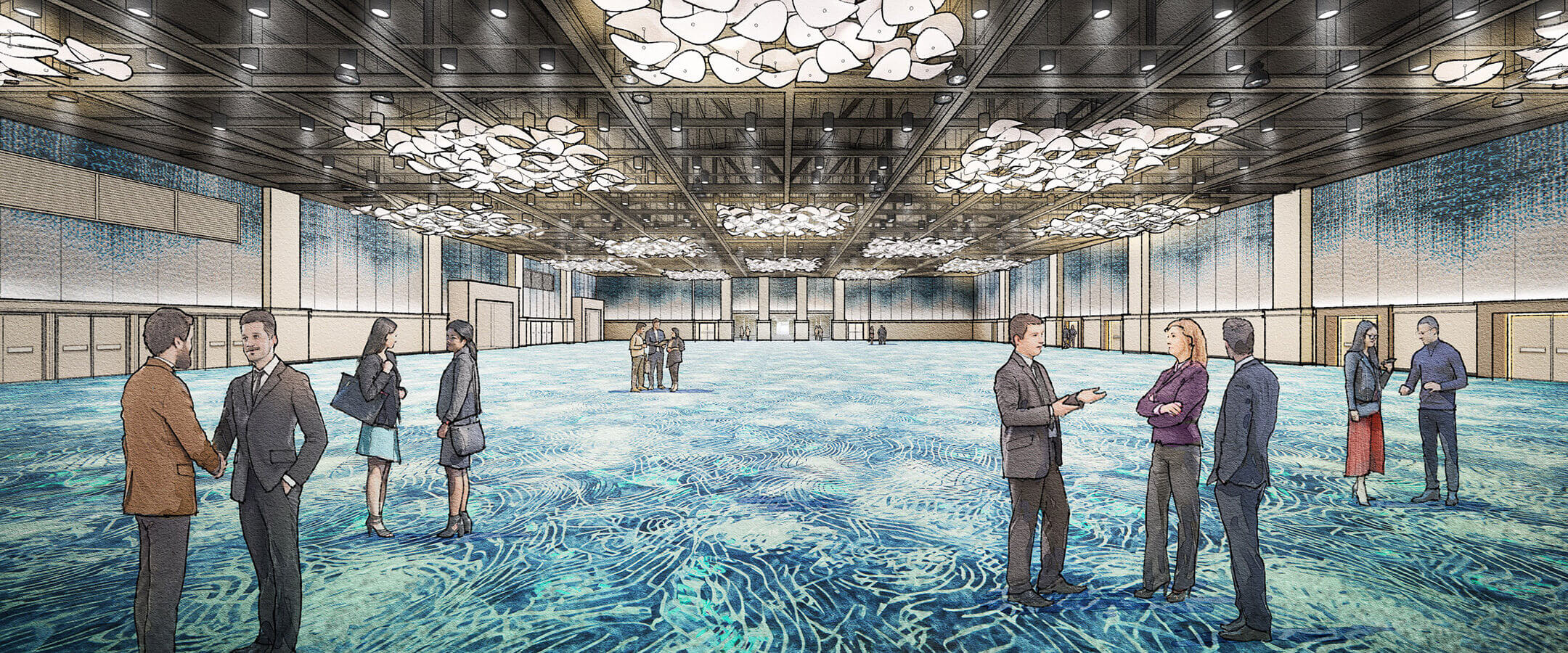 Rendering of a spacious, modern ballroom with a blue-patterned carpet, abstract cloud-like ceiling lights, and groups of people in business attire conversing in small clusters throughout the room.