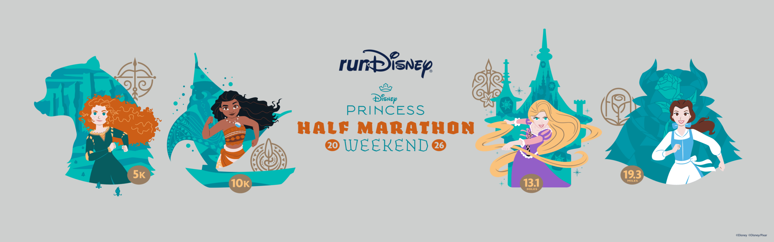 Four Disney princesses—Merida, Moana, Rapunzel, and Belle—each paired with a symbolic background and distance (5k, 10k, 13.1, 19.3), promoting the runDisney Princess Half Marathon Weekend event.