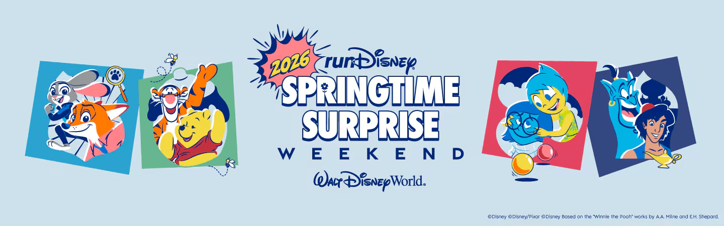 Colorful banner for the 2025 runDisney Springtime Surprise Weekend at Walt Disney World, featuring cartoon characters including Winnie the Pooh, Aladdin’s Genie, and others in vibrant, playful poses.