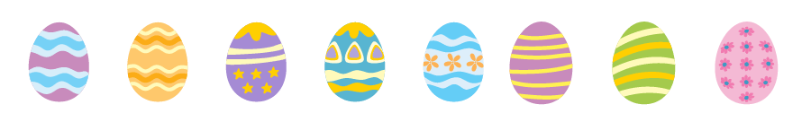 A row of eight colorful Easter eggs, each with a unique pattern, including stripes, zigzags, stars, flowers, and waves, on a light background.
