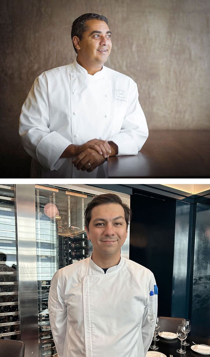La chef Mina e lo chef Alexander, entrambi in giacca bianca, sono ritratti in ambienti diversi. La chef a sinistra è in piedi accanto a un tavolo di legno su uno sfondo beige, mentre lo chef a destra si trova in un ristorante moderno con bicchieri e una cantinetta alle sue spalle.