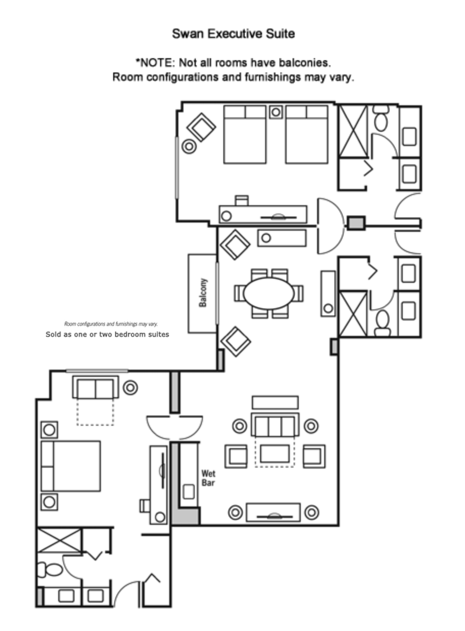 Black and white floor plan of the Swan Executive Suite showing two bedrooms, three bathrooms, a living area, dining area, balcony, and wet bar. Note: Not all rooms have balconies and configurations may vary.