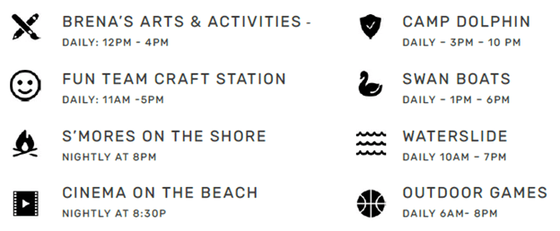 Programme des activités du mois de juillet au Dolphin — Au bord de la piscine et sur la plage de sable blanc, comprenant des ateliers créatifs, des s’mores, du cinéma, un camp, des bateaux-cygnes, un toboggan aquatique et des jeux en plein air, avec les horaires indiqués à côté de chaque activité.