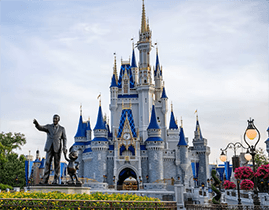 Cinderella Castle at Disney World with blue and gold towers, a statue of Walt Disney and Mickey Mouse in front, surrounded by flowers and decorative lampposts under a cloudy sky.