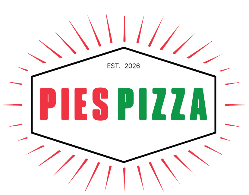 شعار سداسي الشكل يحمل عبارة «PIES PIZZA» بأحرف حمراء وخضراء بارزة، محاط بخطوط حمراء متشعبة، مع عبارة «تأسست عام 2026» في الجزء العلوي.