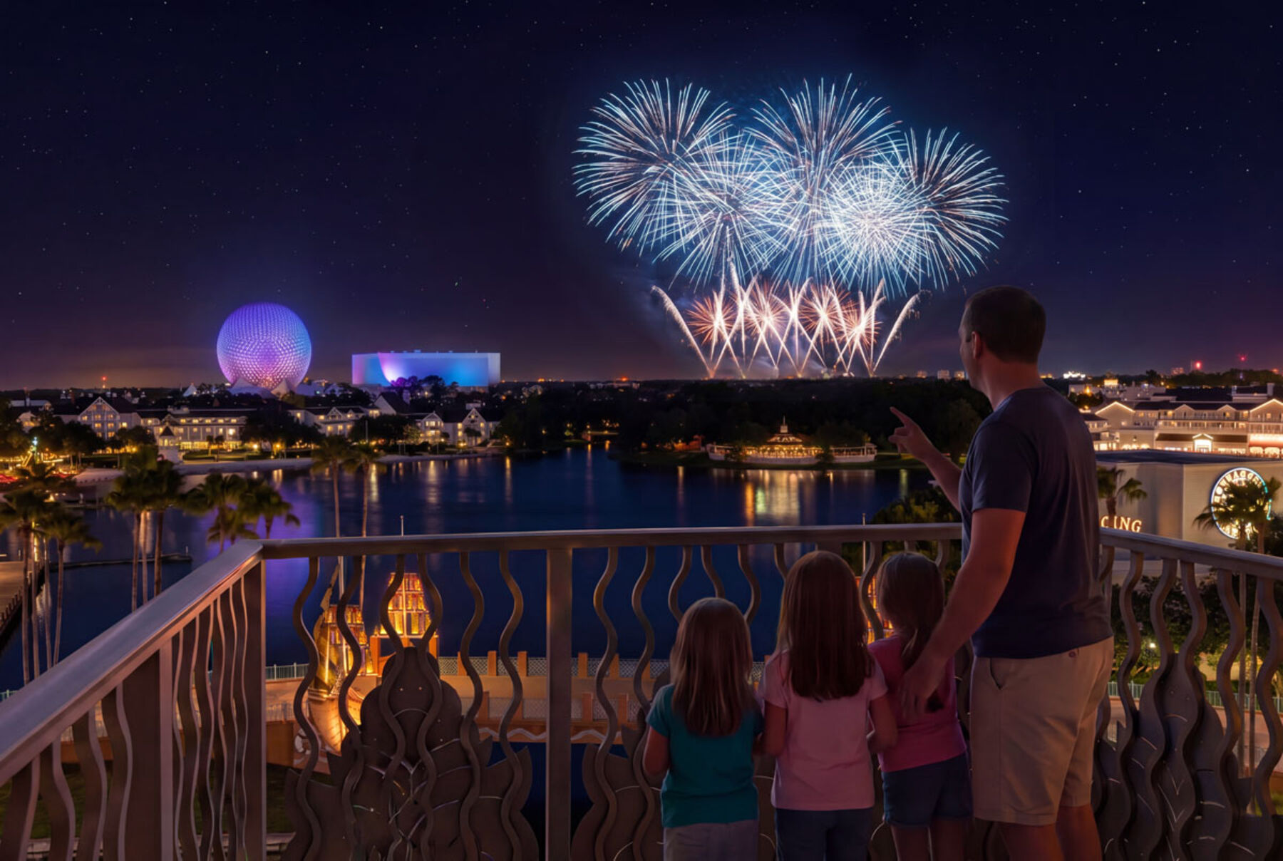 A man and three children watch colorful fireworks over a nighttime theme park with a large, glowing sphere in the distance, standing on a balcony overlooking water and lit buildings.