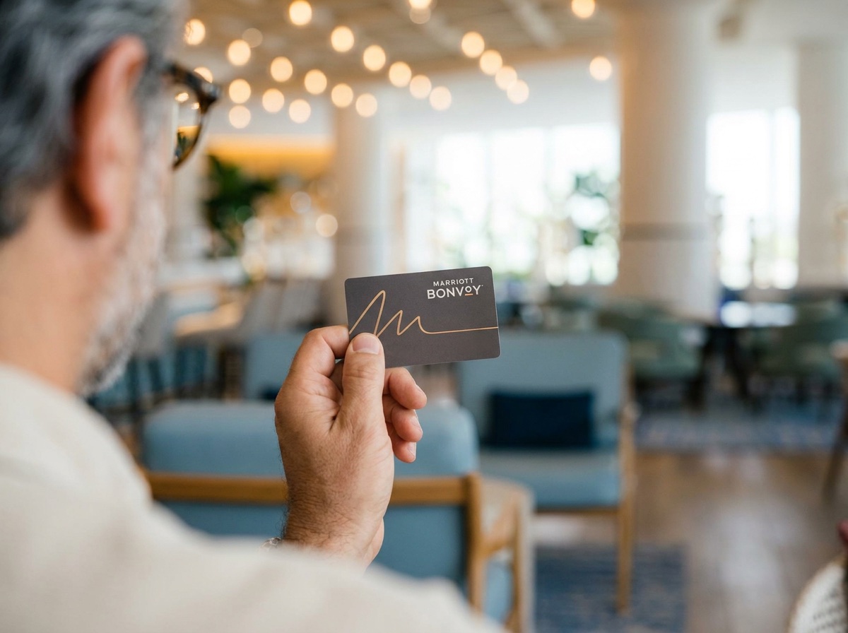 A person holds a Marriott Bonvoy card in a well-lit, modern lounge area with blue chairs and round lights hanging from the ceiling.
