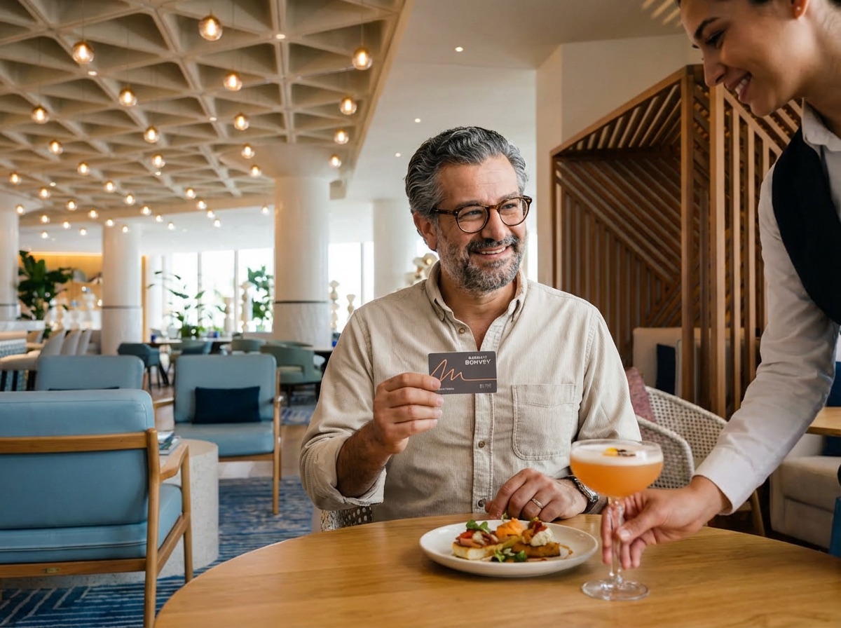 A smiling man holds up a membership card while sitting at a table with food, as a waitress serves him a cocktail in a modern, stylish restaurant.