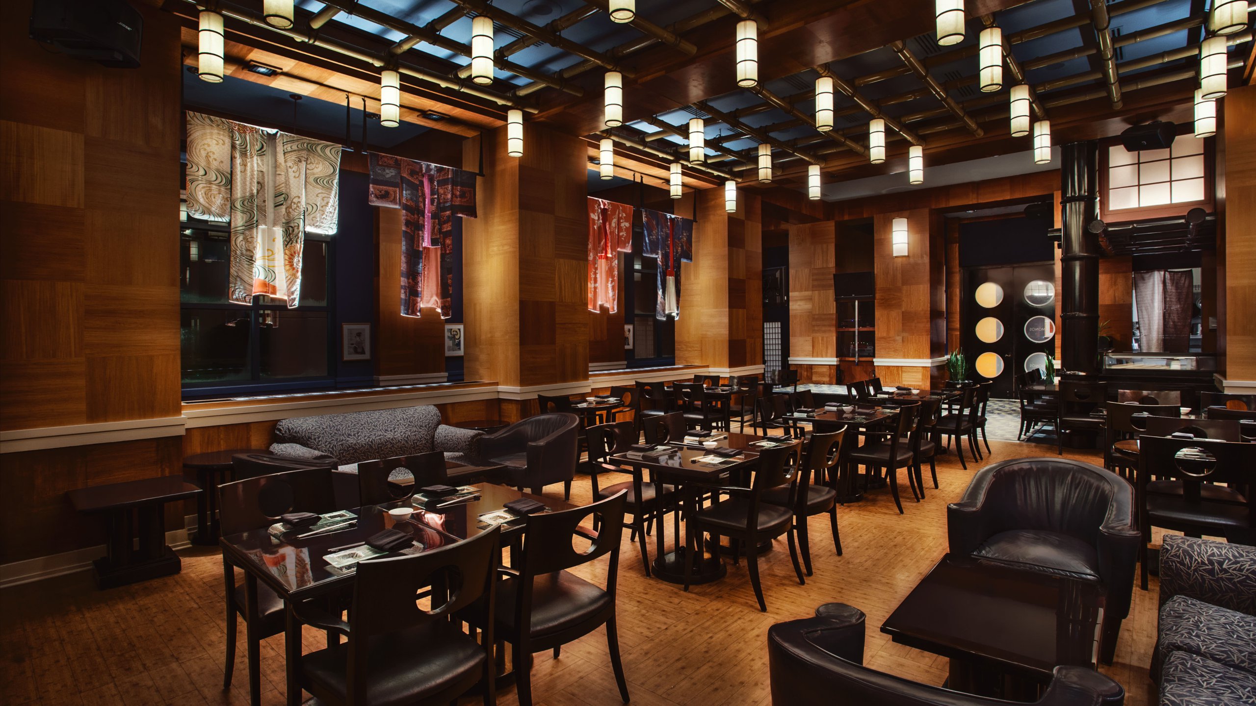 Kimonos dining room with hanging kimonos and lantern lighting