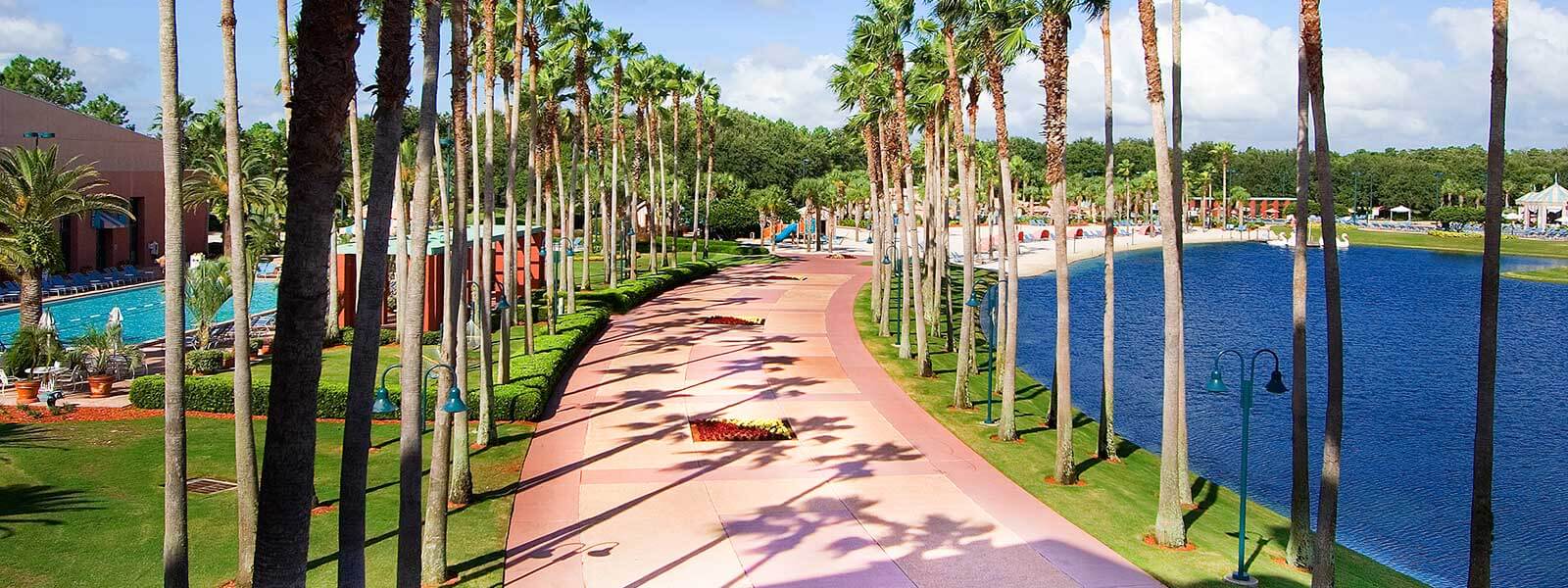 A wide path lined with tall palm trees runs beside a pool and a lake under a blue sky, with green grass and landscaped areas on both sides.