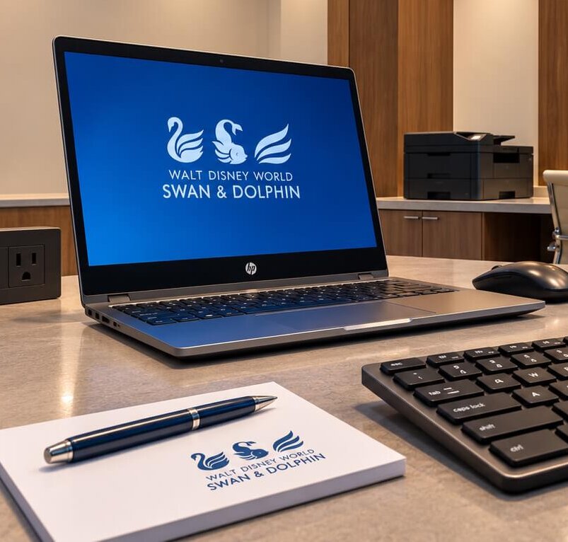 Modernes Büro mit einem Laptop, einer Tastatur und einem Notizblock auf einem Schreibtisch. An der Wand ist das Branding von „ Walt Disney World  “ (Swan and Dolphin ) mit den Logos von „ swan and dolphin “ zu sehen, und im Hintergrund stehen zwei Monitore und Stühle.