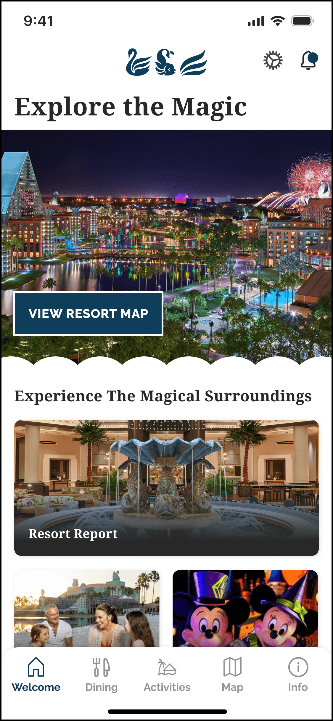 A resort-themed mobile app screen shows a nighttime resort photo, a View Resort Map button, and menu options for Welcome, Dining, Activities, and Map at the bottom. Fireworks appear in the background sky.