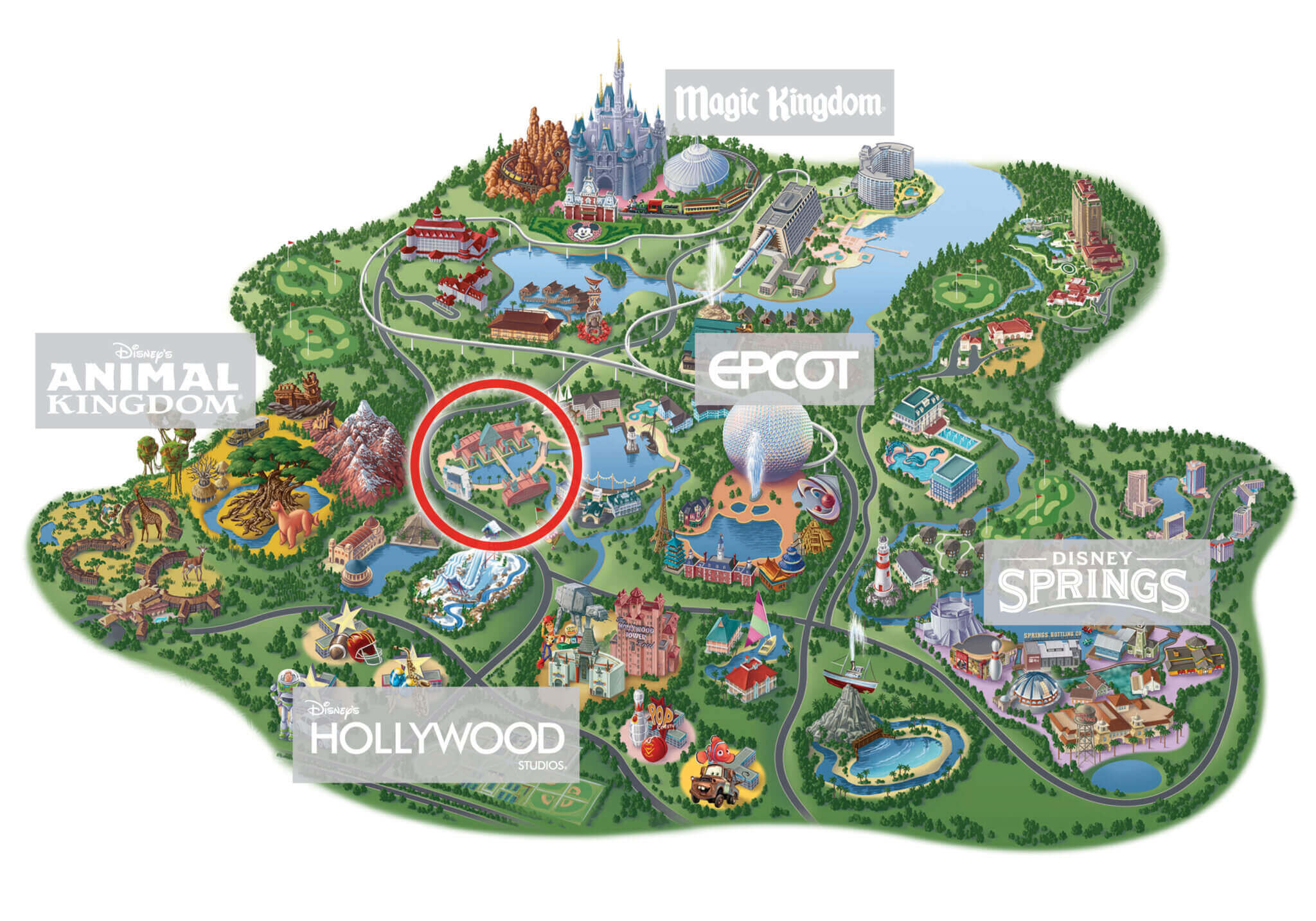 Иллюстрированная карта курорта « Walt Disney World », на которой изображены парки «Magic Kingdom», «EPCOT», «Disney’s Hollywood Studios», «Animal Kingdom» и «Disney Springs», а красным кружком выделена территория между «EPCOT» и «Hollywood Studios».