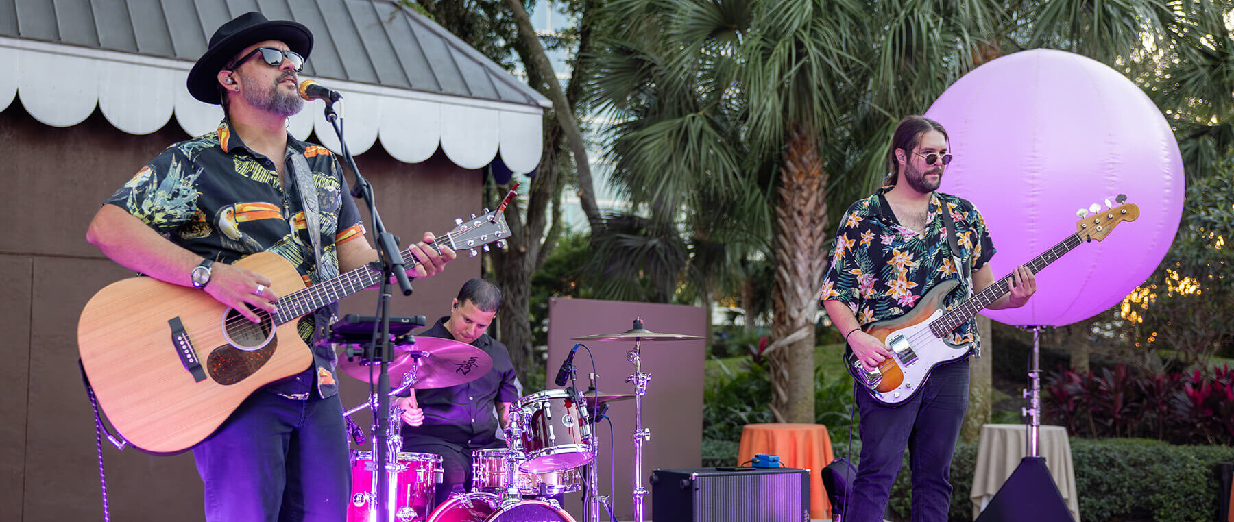 Three musicians perform outdoors; one sings and plays guitar, one plays drums, and one plays bass guitar. They wear sunglasses and patterned shirts. Palm trees and round lights decorate the background.