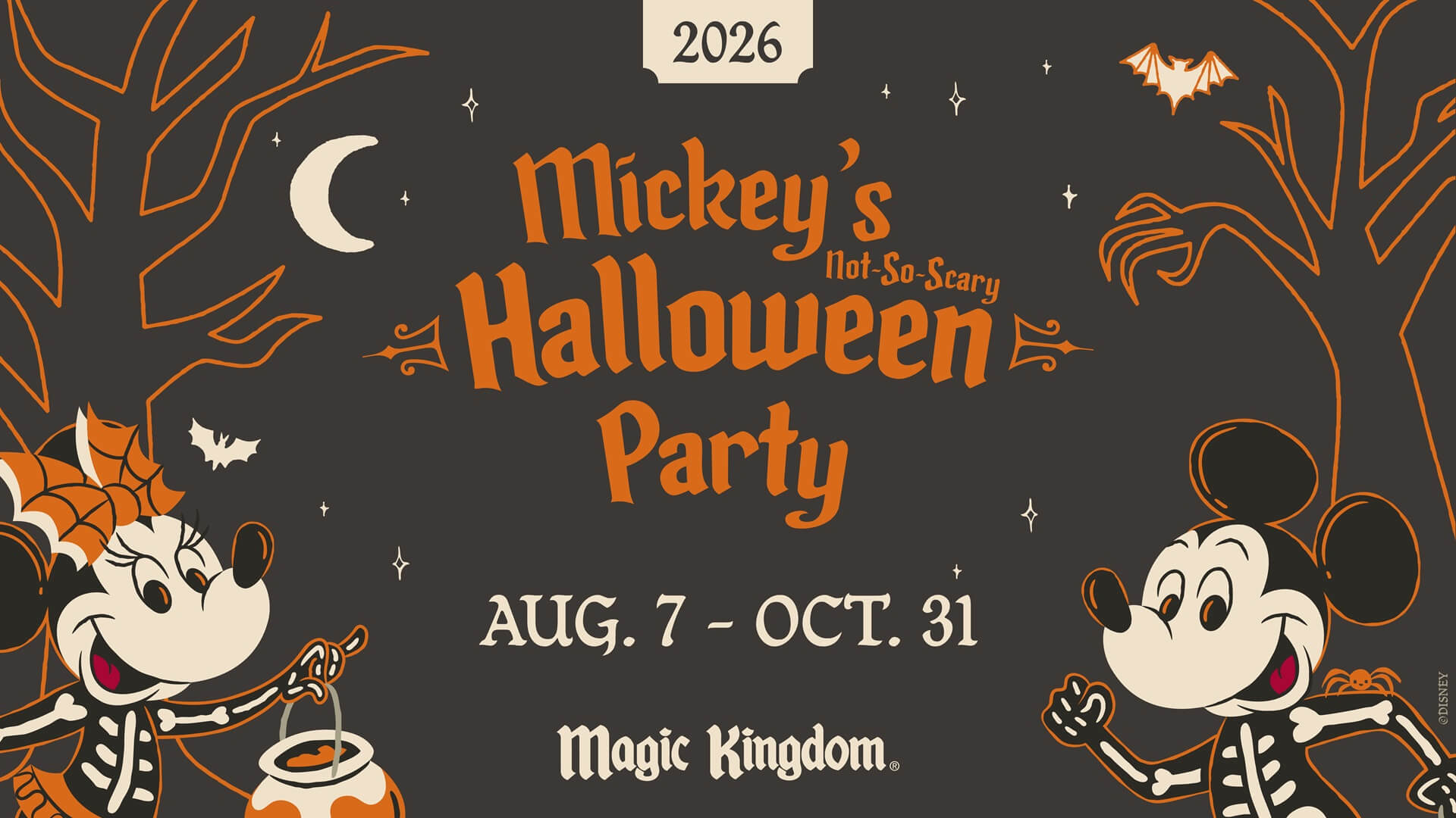 Mickeys Not-So-Scary Halloween Party 2026 event poster featuring Minnie and Mickey in skeleton costumes at Magic Kingdom, running from August 7 to October 31.
