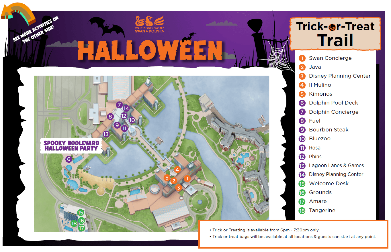 Carte du « Swan » de l'Walt Disney World et de l'« Dolphin resort », sur laquelle figurent dix-huit lieux numérotés pour la chasse aux bonbons, avec une liste des sites, les horaires de l'événement et une remarque concernant les sacs de bonbons.