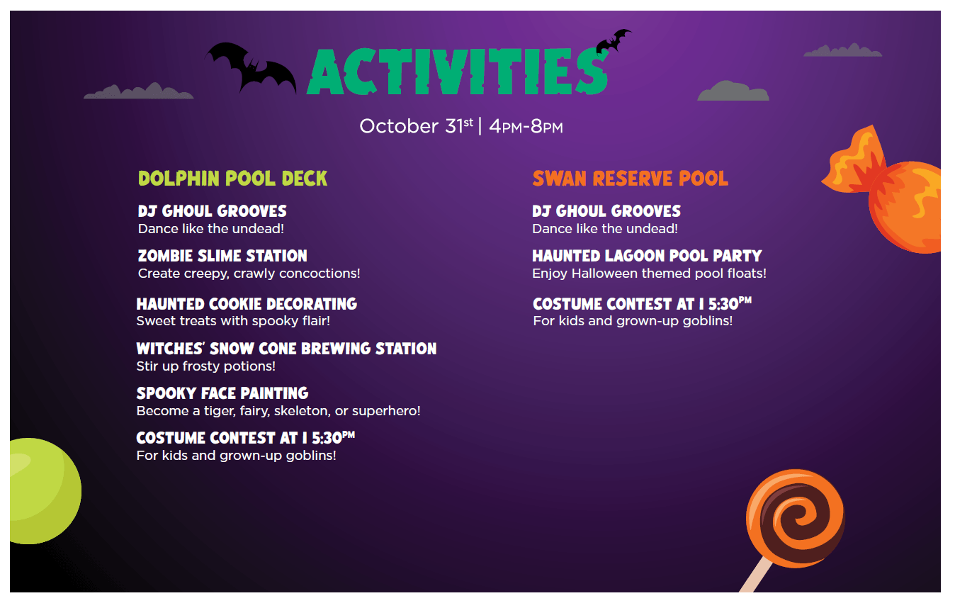Programme des animations d'Halloween prévues le 31 octobre de 16 h à 20 h, présentant les événements organisés sur la terrasse de la piscine Dolphin et à la piscine « Swan Reserve », notamment un DJ, un concours de déguisements, un atelier de décoration de biscuits et d'autres activités sur le thème de l'épouvante.