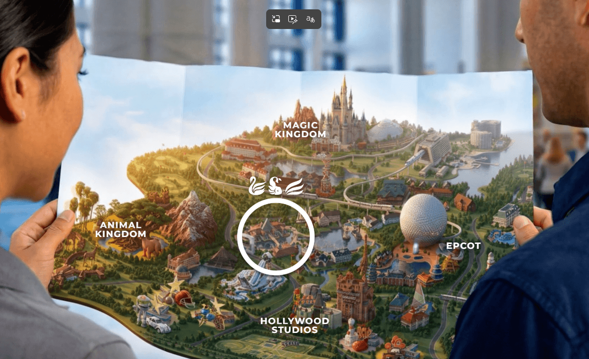 Two people hold a stylized map of Walt Disney World, with labels for Magic Kingdom, Animal Kingdom, Epcot, and Hollywood Studios, and a white circle highlighting an area near the center.