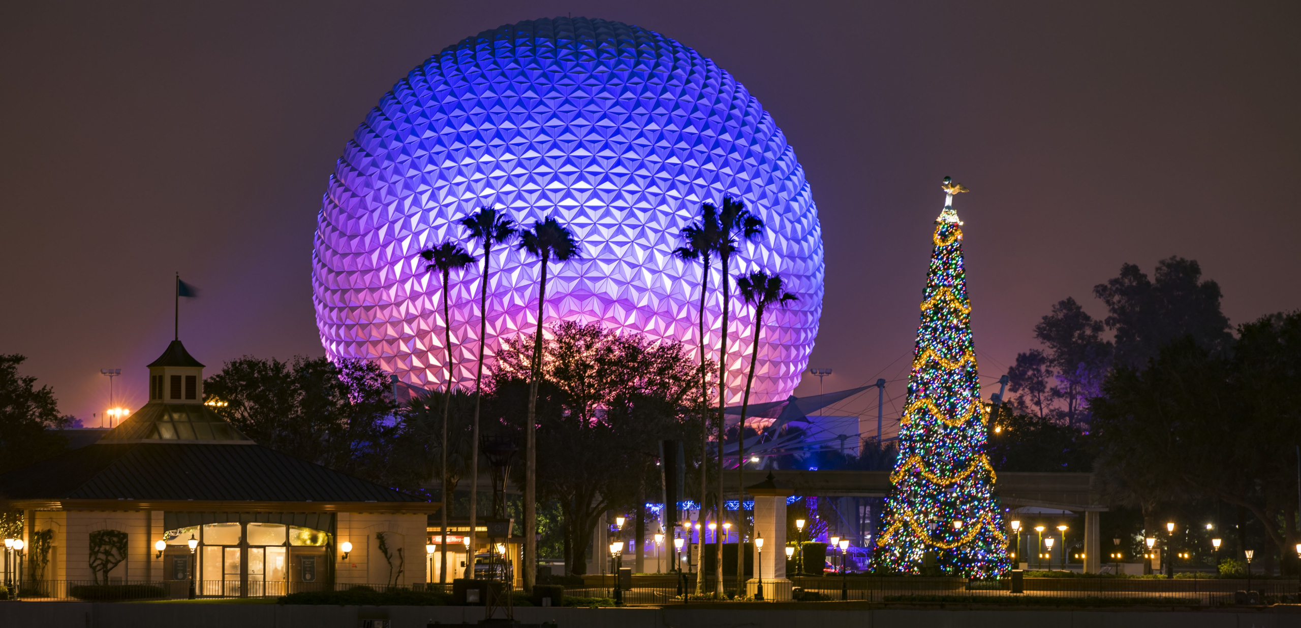 Dans un parc d'attractions, une grande sphère géodésique est illuminée la nuit de lumières violettes et bleues, avec au premier plan des palmiers et un grand sapin de Noël décoré.