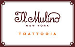 شعار يحمل عبارة « Il Mulino » و«New York Trattoria» بخطوط أنيقة باللونين البني والبرتقالي، محاط بإطار زخرفي بسيط على خلفية بيضاء.